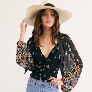 Free People Black Floral Balloon Sleeve Blouse Sz M